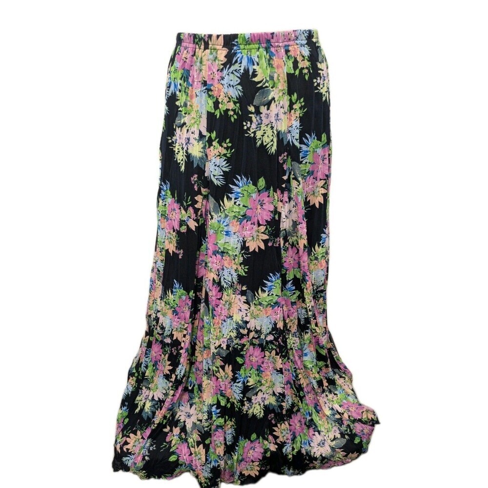 Navy Blue Multicolored Neon Floral Maxi Flare Skirt sz XL Whimsigoth Fairy Boho